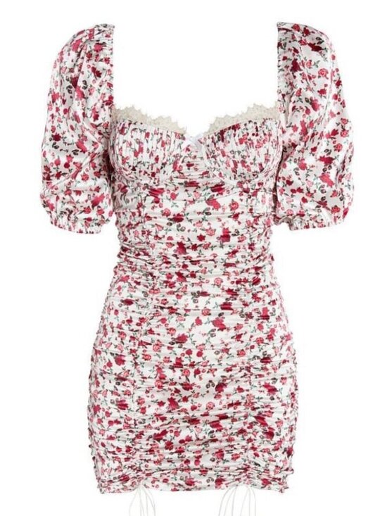 For Love And Lemons Dresses & Skirts - NWT‎ For Love & Lemons Melrose White Pink Floral Ruched Mini Dress XXS​